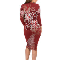 Aotearoa Maori Koru Curves Family Matching Long Sleeve Bodycon Dress and Hawaiian Shirt Silver Ferns - Crimson Red LT7 - Polynesian Pride