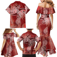 Aotearoa Maori Koru Curves Family Matching Mermaid Dress and Hawaiian Shirt Silver Ferns - Crimson Red LT7 - Polynesian Pride