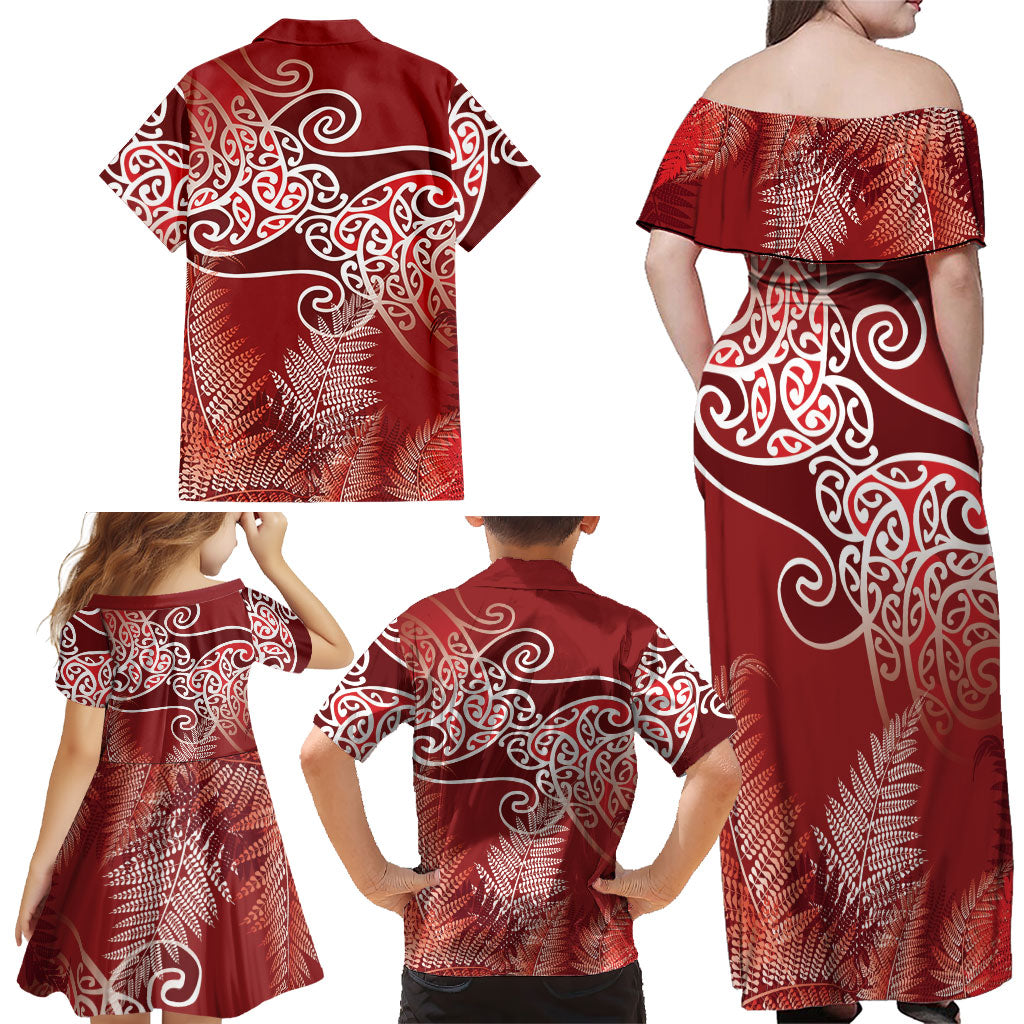 Aotearoa Maori Koru Curves Family Matching Off Shoulder Maxi Dress and Hawaiian Shirt Silver Ferns - Crimson Red LT7 - Polynesian Pride