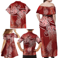 Aotearoa Maori Koru Curves Family Matching Off Shoulder Maxi Dress and Hawaiian Shirt Silver Ferns - Crimson Red LT7 - Polynesian Pride