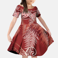 Aotearoa Maori Koru Curves Family Matching Puletasi and Hawaiian Shirt Silver Ferns - Crimson Red LT7 Daughter's Dress Red - Polynesian Pride