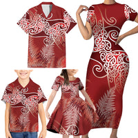 Aotearoa Maori Koru Curves Family Matching Short Sleeve Bodycon Dress and Hawaiian Shirt Silver Ferns - Crimson Red LT7 - Polynesian Pride