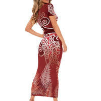 Aotearoa Maori Koru Curves Family Matching Short Sleeve Bodycon Dress and Hawaiian Shirt Silver Ferns - Crimson Red LT7 - Polynesian Pride
