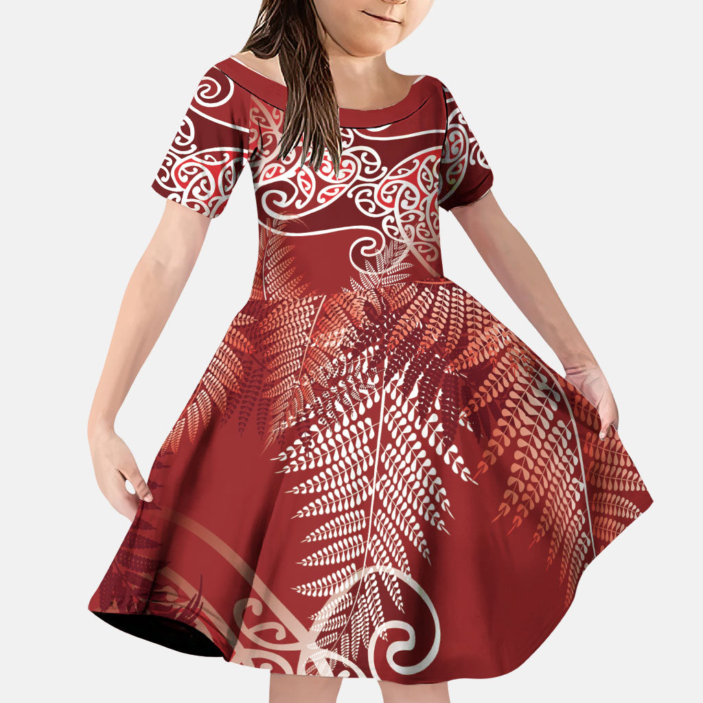 Aotearoa Maori Koru Curves Family Matching Summer Maxi Dress and Hawaiian Shirt Silver Ferns - Crimson Red LT7 Daughter's Dress Red - Polynesian Pride
