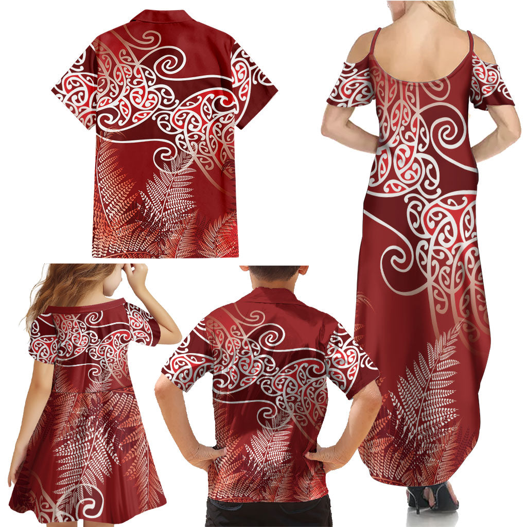 Aotearoa Maori Koru Curves Family Matching Summer Maxi Dress and Hawaiian Shirt Silver Ferns - Crimson Red LT7 - Polynesian Pride