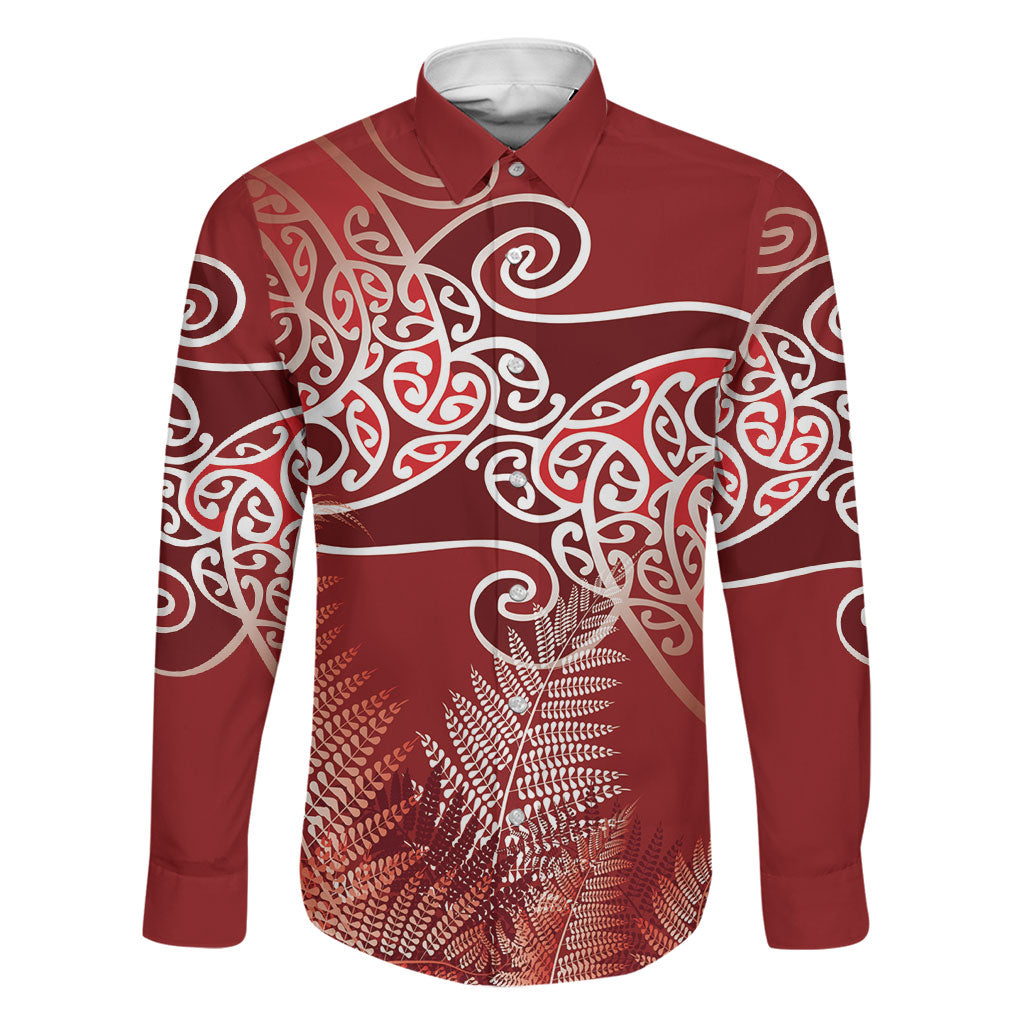 Aotearoa Maori Koru Curves Family Matching Summer Maxi Dress and Hawaiian Shirt Silver Ferns - Crimson Red LT7 Dad's Shirt - Long Sleeve Red - Polynesian Pride