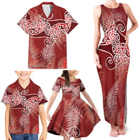 Aotearoa Maori Koru Curves Family Matching Tank Maxi Dress and Hawaiian Shirt Silver Ferns - Crimson Red LT7 - Polynesian Pride