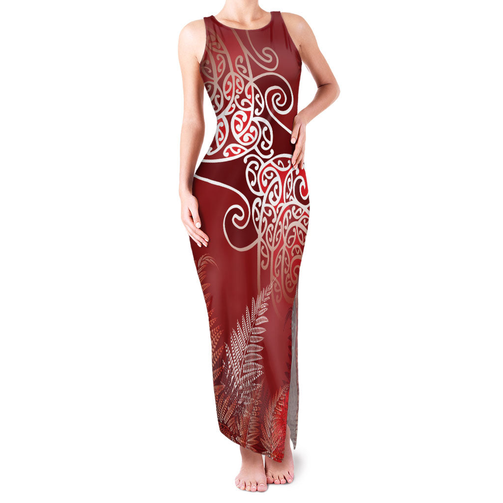 Aotearoa Maori Koru Curves Family Matching Tank Maxi Dress and Hawaiian Shirt Silver Ferns - Crimson Red LT7 Mom's Dress Red - Polynesian Pride