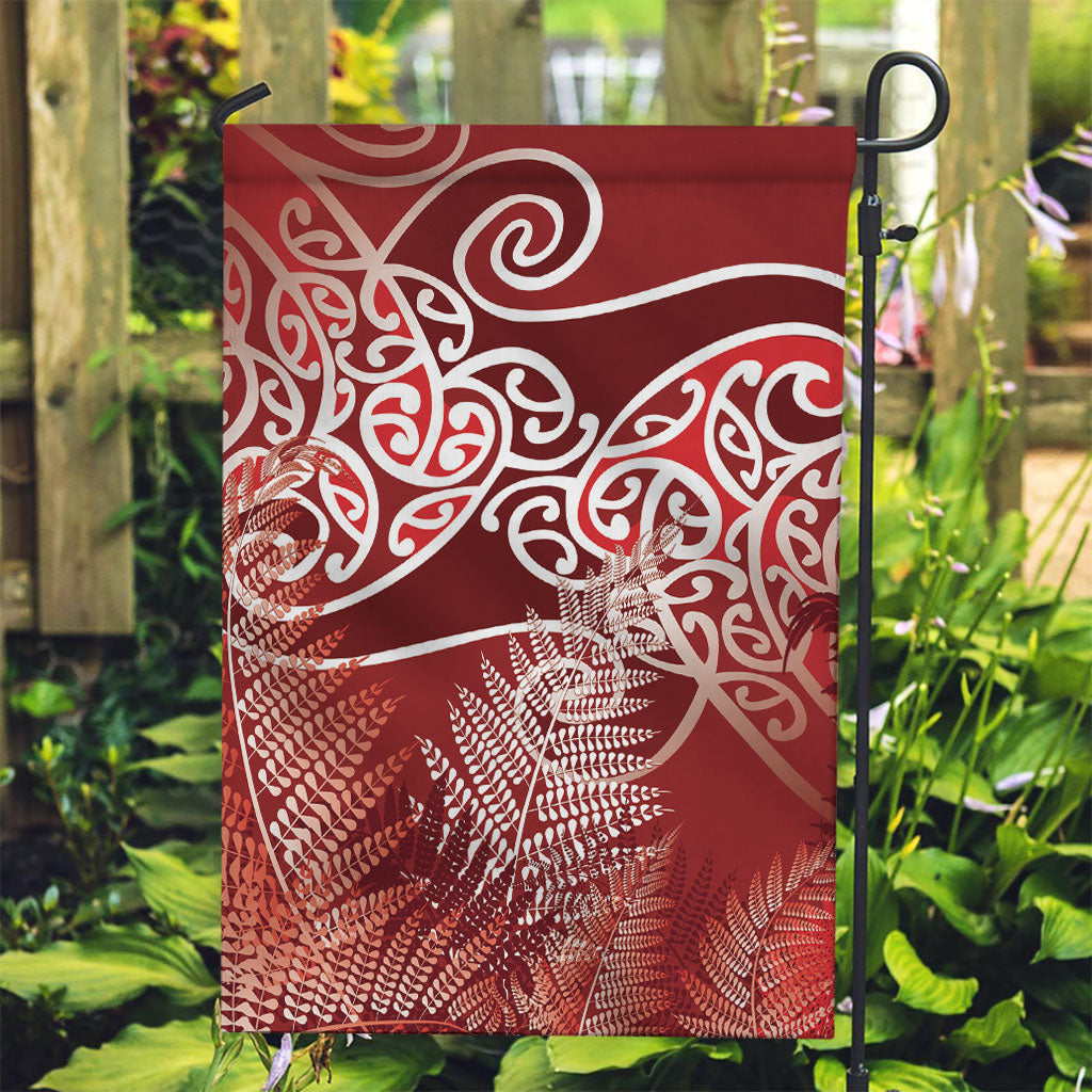 Aotearoa Maori Koru Curves Garden Flag Silver Ferns - Crimson Red