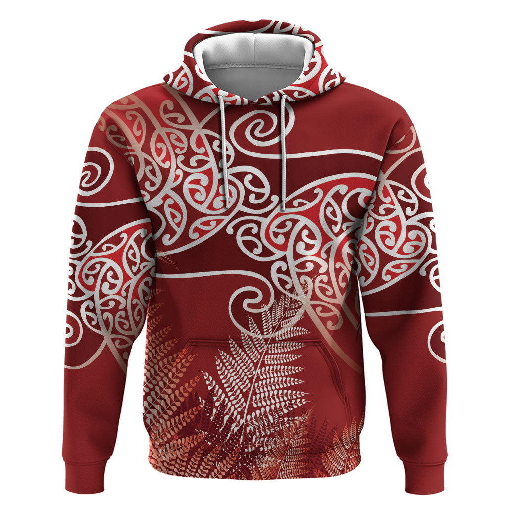 Aotearoa Maori Koru Curves Hoodie Silver Ferns - Crimson Red