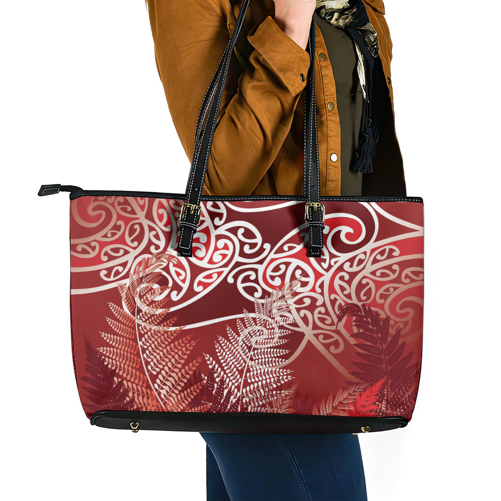 Aotearoa Maori Koru Curves Leather Tote Bag Silver Ferns - Crimson Red