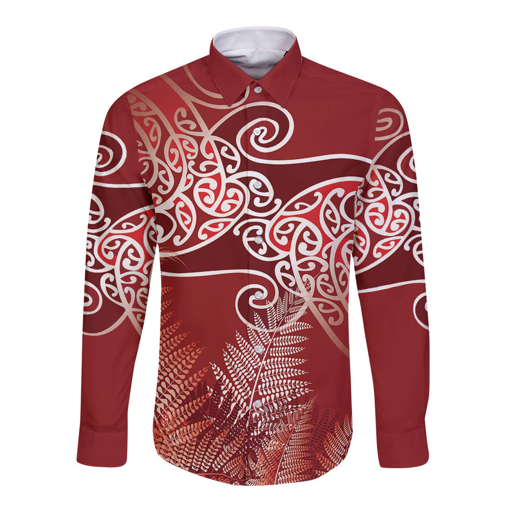 Aotearoa Maori Koru Curves Long Sleeve Button Shirt Silver Ferns - Crimson Red