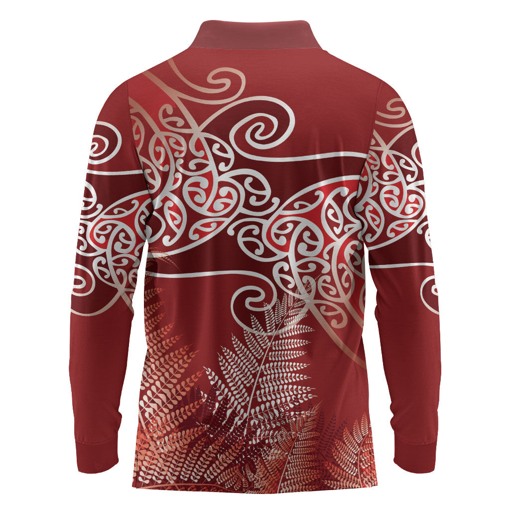 Aotearoa Maori Koru Curves Long Sleeve Polo Shirt Silver Ferns - Crimson Red