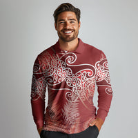 Aotearoa Maori Koru Curves Long Sleeve Polo Shirt Silver Ferns - Crimson Red