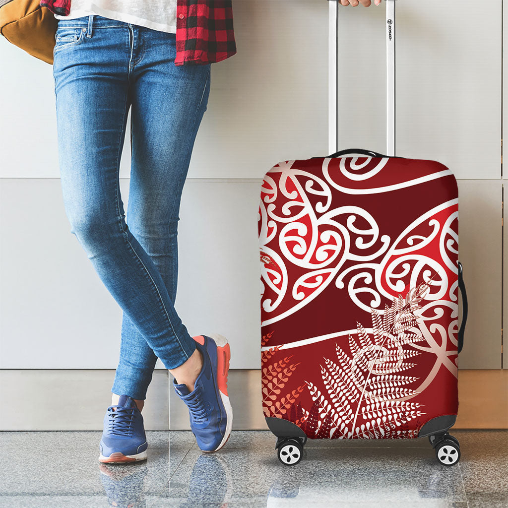 Aotearoa Maori Koru Curves Luggage Cover Silver Ferns - Crimson Red LT7 - Polynesian Pride