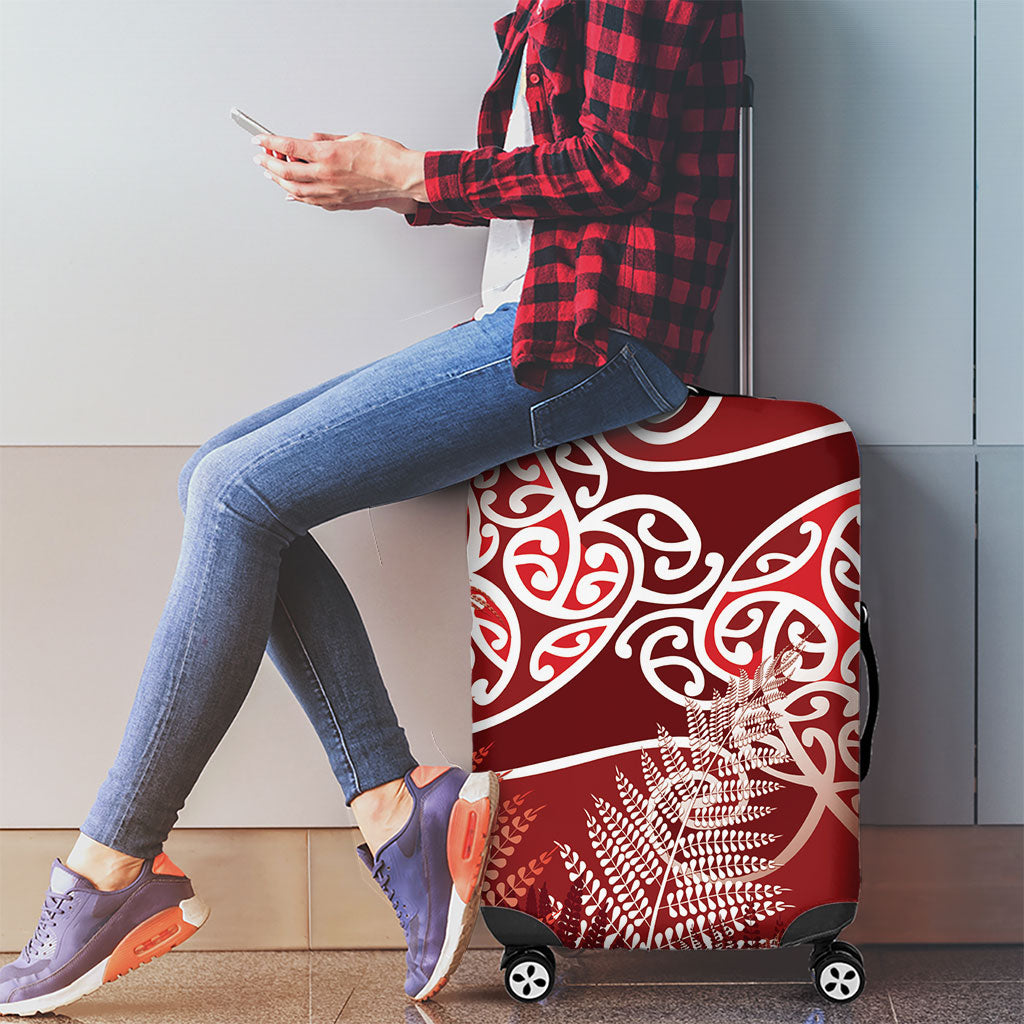 Aotearoa Maori Koru Curves Luggage Cover Silver Ferns - Crimson Red LT7 - Polynesian Pride