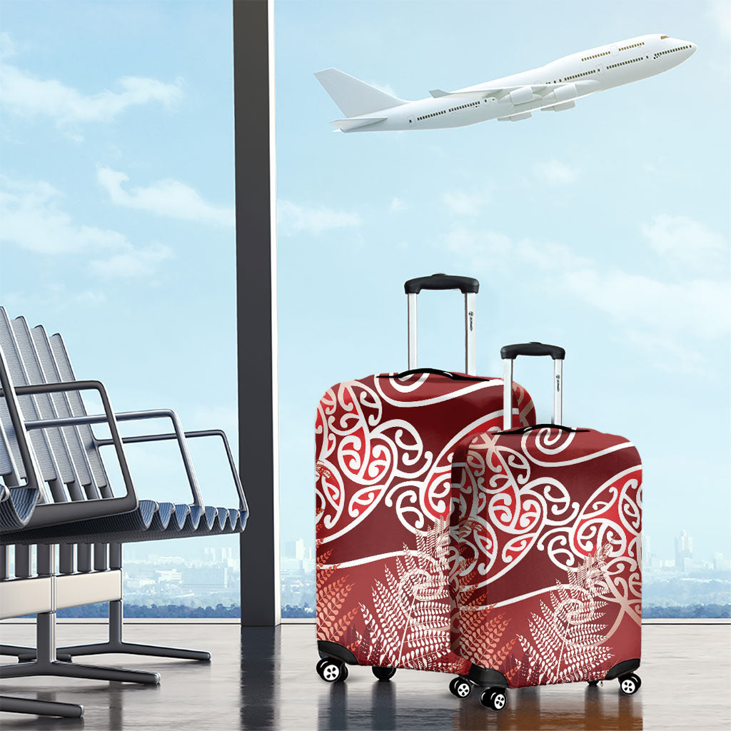 Aotearoa Maori Koru Curves Luggage Cover Silver Ferns - Crimson Red LT7 - Polynesian Pride