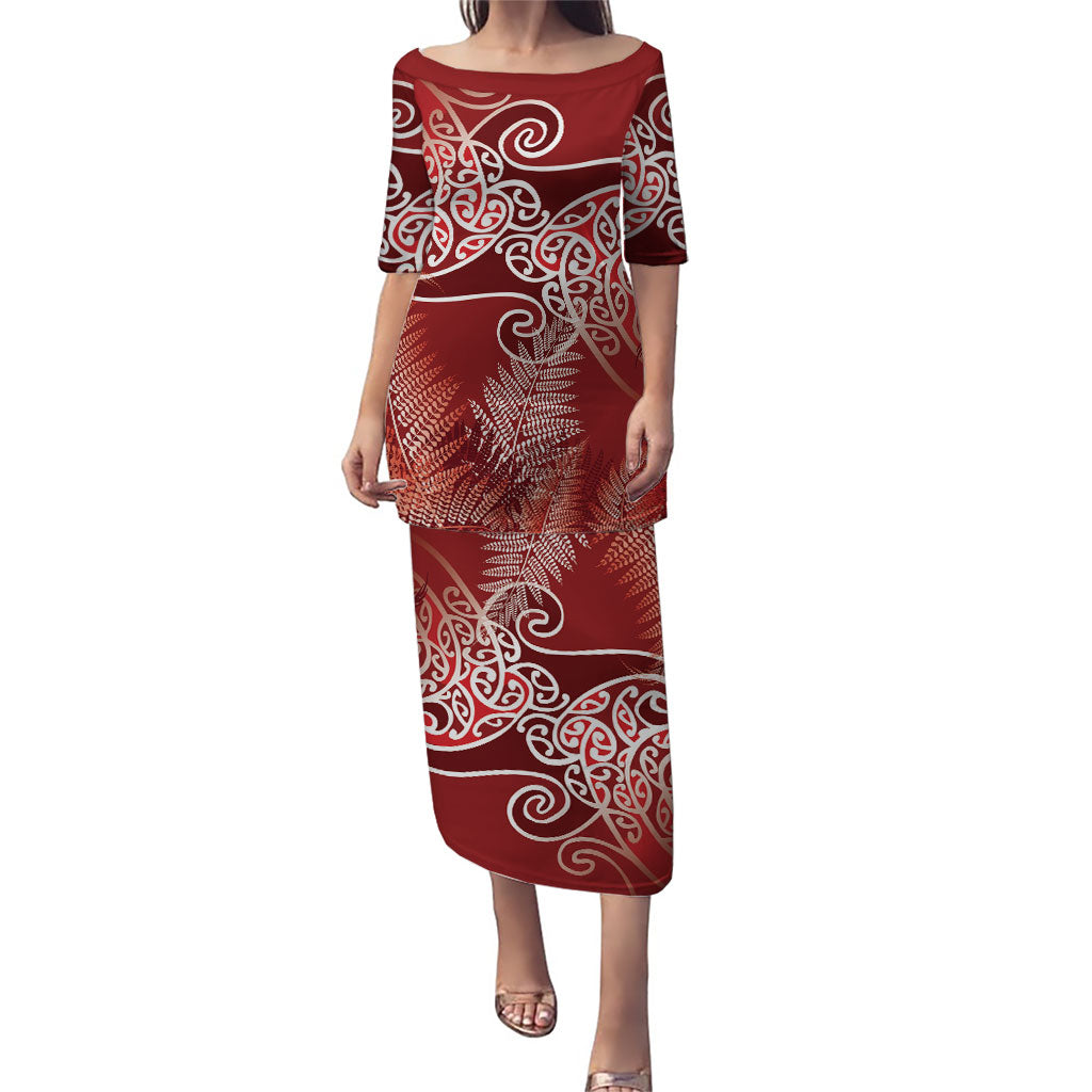 Aotearoa Maori Koru Curves Puletasi Silver Ferns - Crimson Red