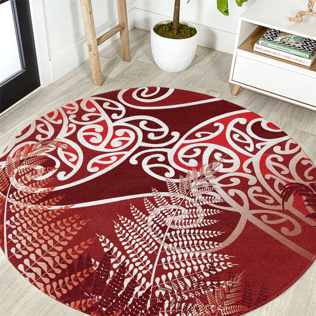 Aotearoa Maori Koru Curves Round Carpet Silver Ferns - Crimson Red LT7 Red - Polynesian Pride