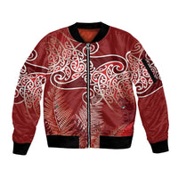 Aotearoa Maori Koru Curves Sleeve Zip Bomber Jacket Silver Ferns - Crimson Red