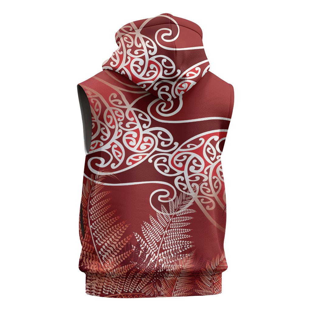 Aotearoa Maori Koru Curves Sleeveless Hoodie Silver Ferns - Crimson Red