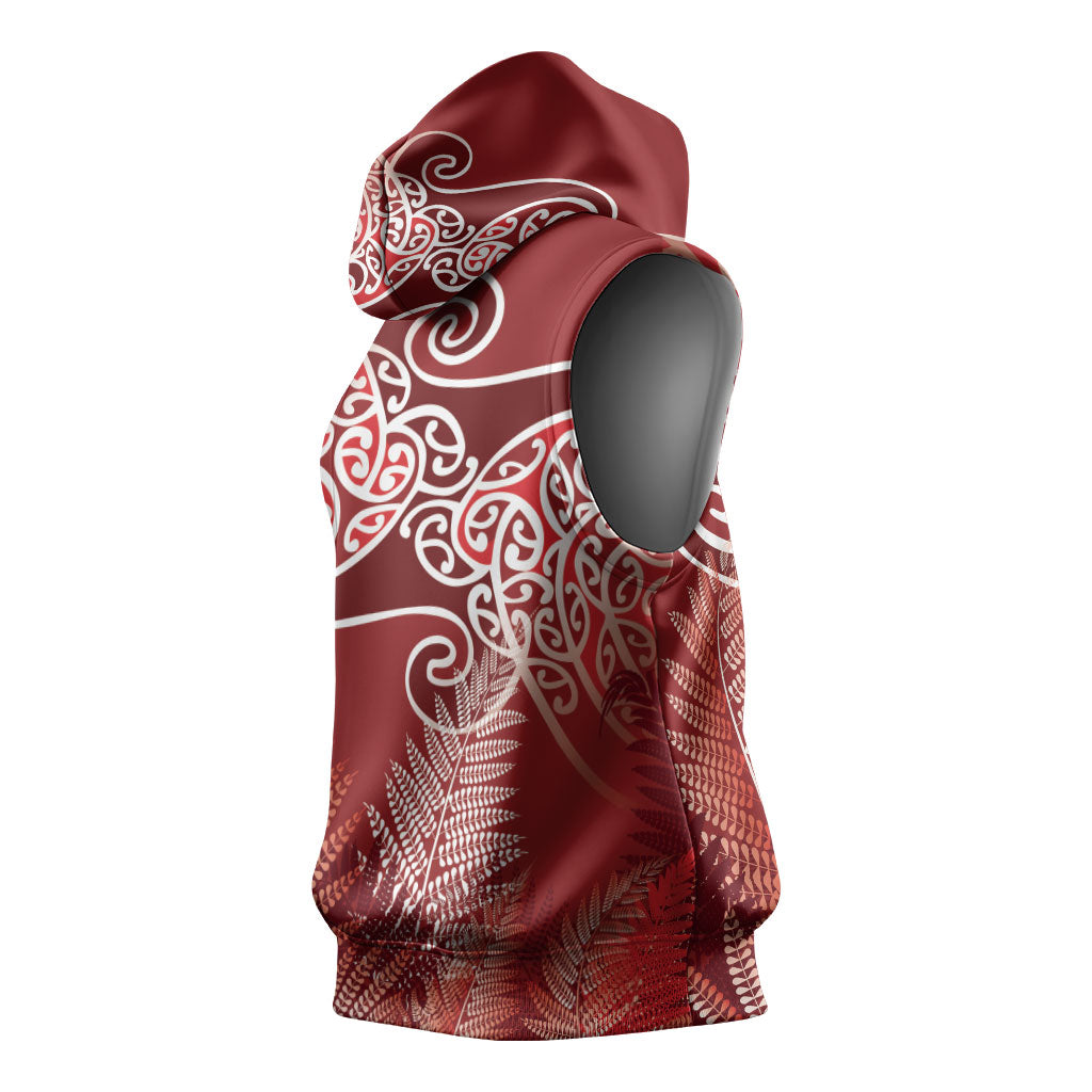Aotearoa Maori Koru Curves Sleeveless Hoodie Silver Ferns - Crimson Red