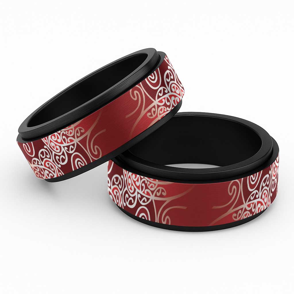 Aotearoa Maori Koru Curves Spinner Ring Silver Ferns - Crimson Red LT7 Black Red - Polynesian Pride