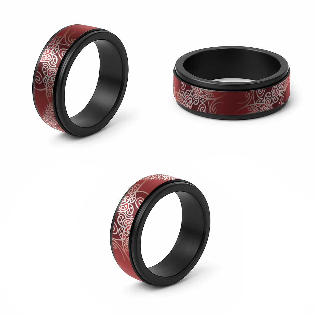 Aotearoa Maori Koru Curves Spinner Ring Silver Ferns - Crimson Red LT7 - Polynesian Pride