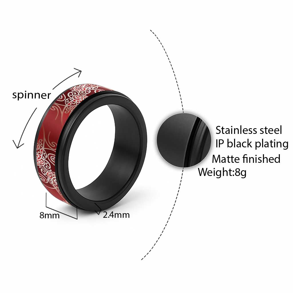 Aotearoa Maori Koru Curves Spinner Ring Silver Ferns - Crimson Red LT7 - Polynesian Pride