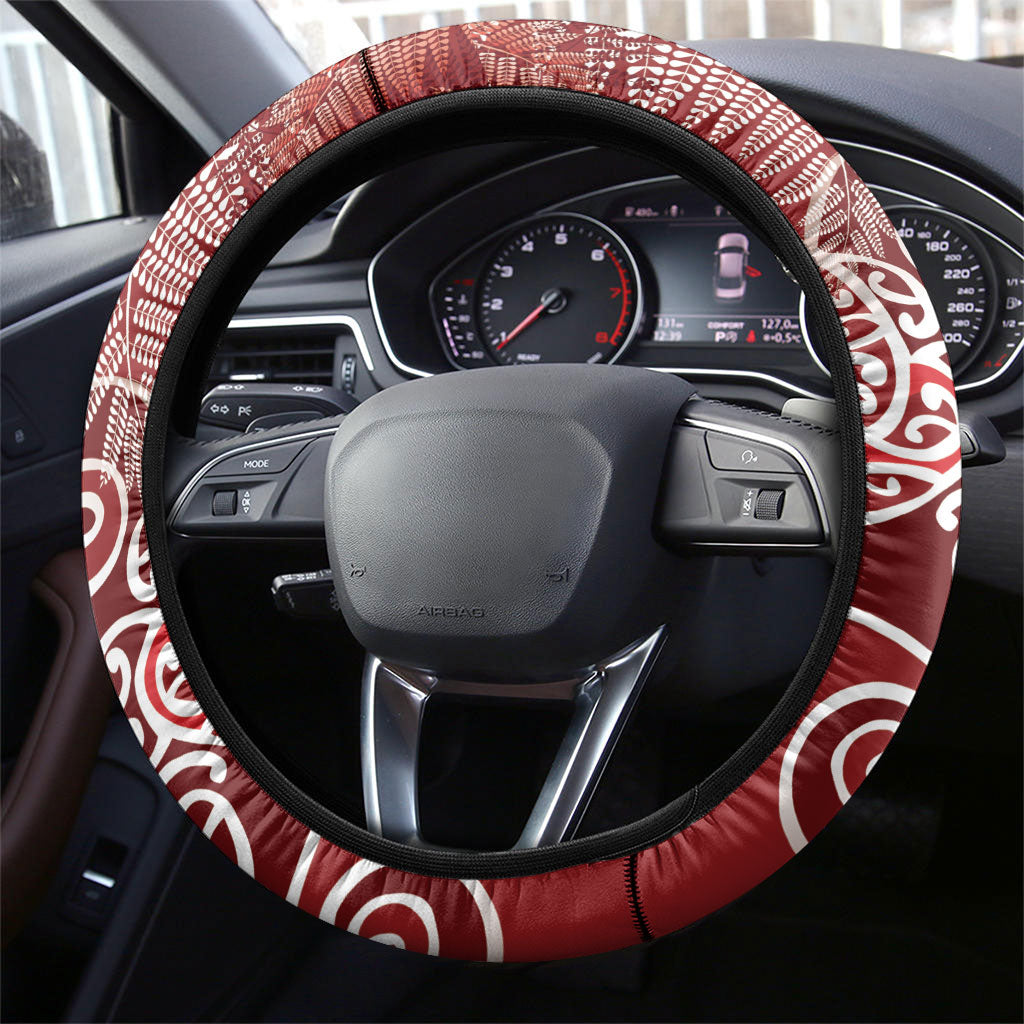 Aotearoa Maori Koru Curves Steering Wheel Cover Silver Ferns - Crimson Red LT7 - Polynesian Pride