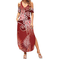 Aotearoa Maori Koru Curves Summer Maxi Dress Silver Ferns - Crimson Red