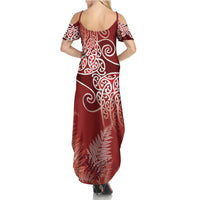 Aotearoa Maori Koru Curves Summer Maxi Dress Silver Ferns - Crimson Red
