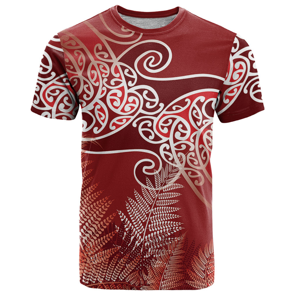 Aotearoa Maori Koru Curves T Shirt Silver Ferns - Crimson Red