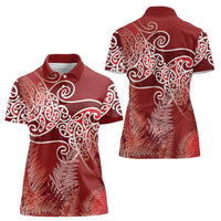 Aotearoa Maori Koru Curves Women Polo Shirt Silver Ferns - Crimson Red