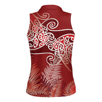 Aotearoa Maori Koru Curves Women Sleeveless Polo Shirt Silver Ferns - Crimson Red LT7 - Polynesian Pride