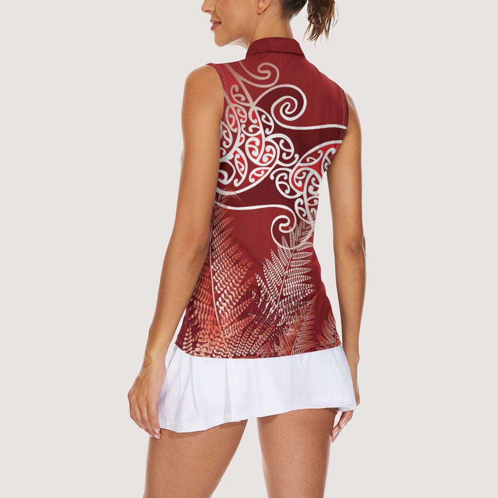 Aotearoa Maori Koru Curves Women Sleeveless Polo Shirt Silver Ferns - Crimson Red LT7 - Polynesian Pride