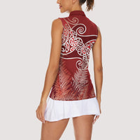 Aotearoa Maori Koru Curves Women Sleeveless Polo Shirt Silver Ferns - Crimson Red LT7 - Polynesian Pride