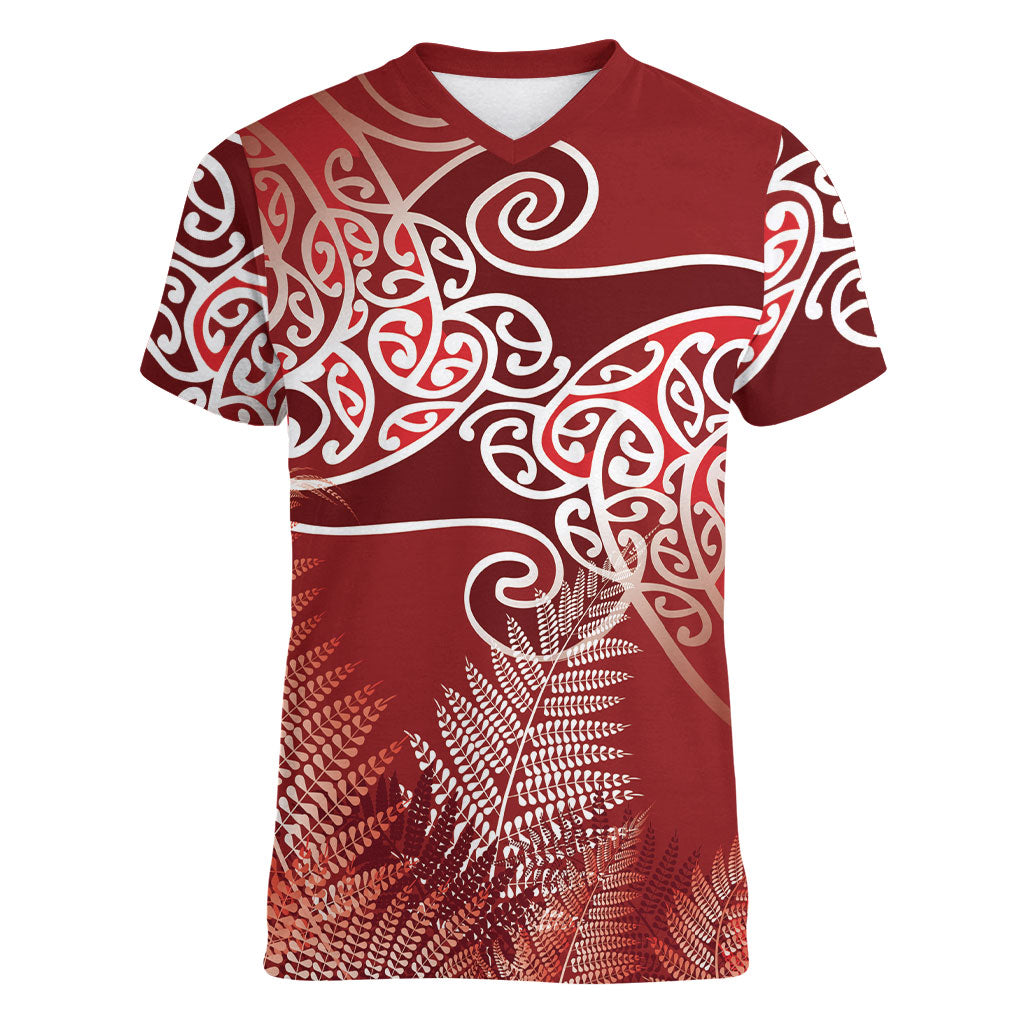 Aotearoa Maori Koru Curves Women V-Neck T-Shirt Silver Ferns - Crimson Red LT7 Female Red - Polynesian Pride