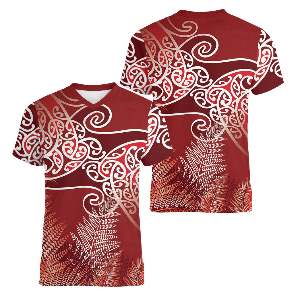 Aotearoa Maori Koru Curves Women V-Neck T-Shirt Silver Ferns - Crimson Red LT7 - Polynesian Pride