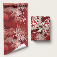 Aotearoa Maori Koru Curves Wrapping Paper Silver Ferns - Crimson Red LT7 58" × 23" Red - Polynesian Pride