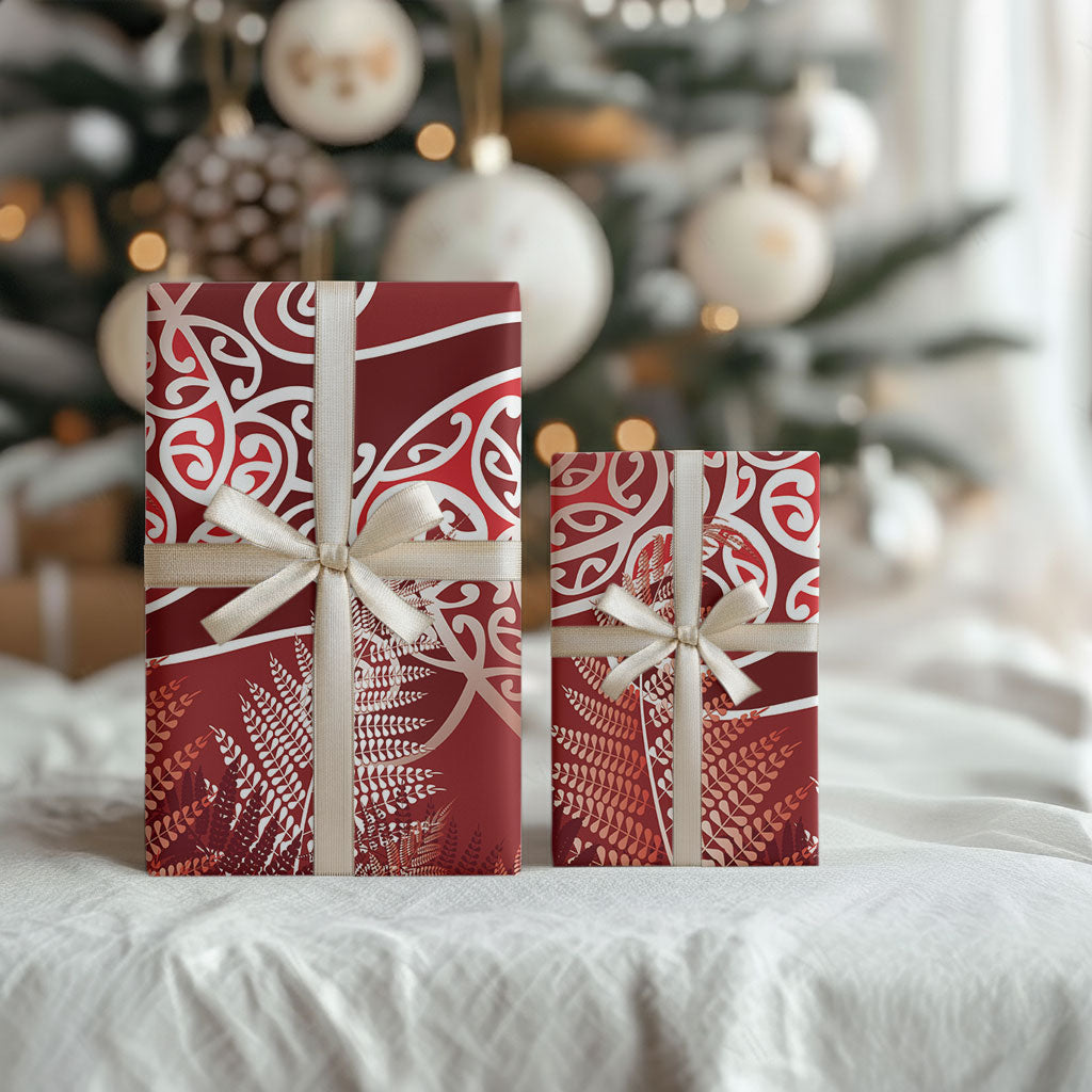 Aotearoa Maori Koru Curves Wrapping Paper Silver Ferns - Crimson Red LT7 - Polynesian Pride