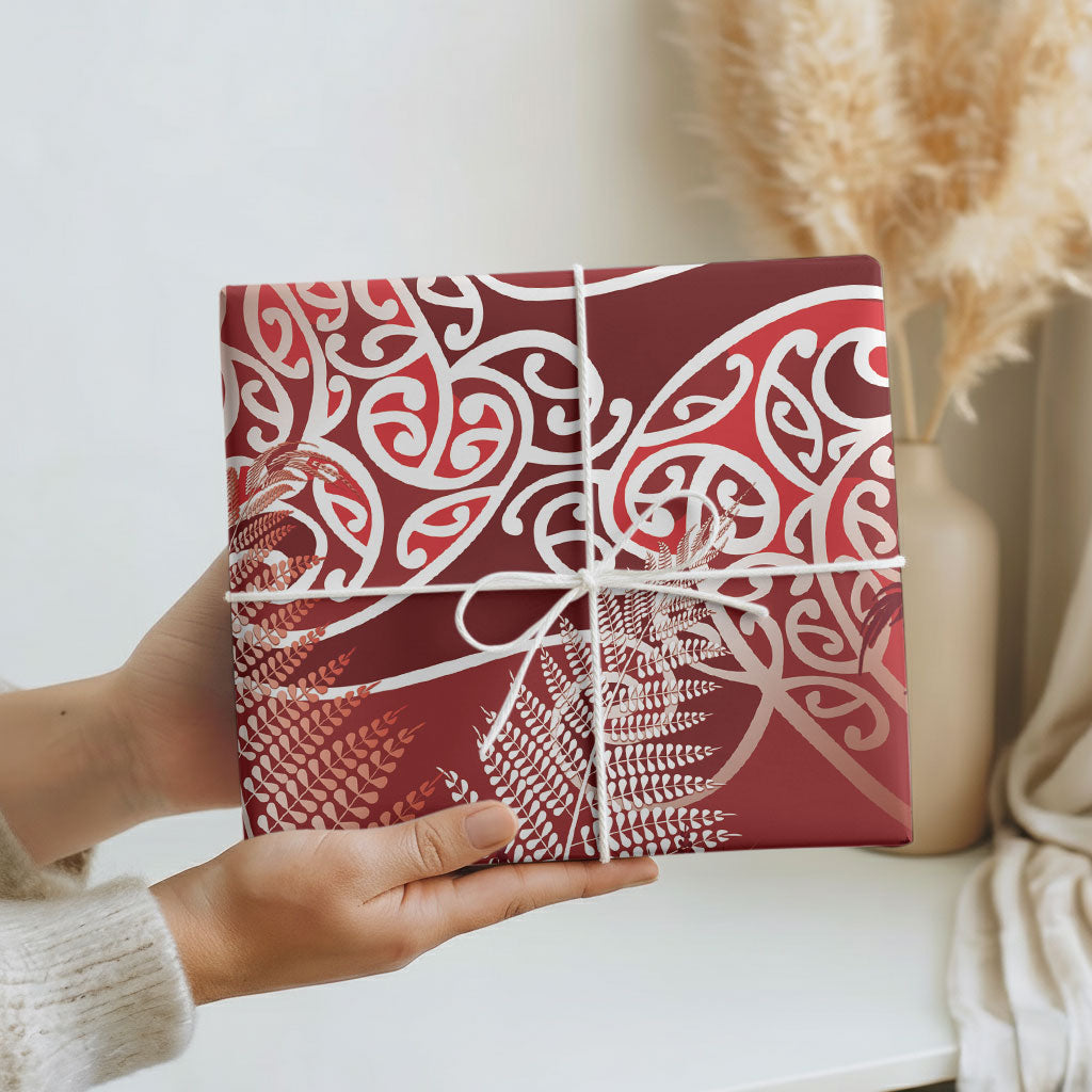 Aotearoa Maori Koru Curves Wrapping Paper Silver Ferns - Crimson Red LT7 - Polynesian Pride