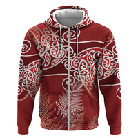 Aotearoa Maori Koru Curves Zip Hoodie Silver Ferns - Crimson Red