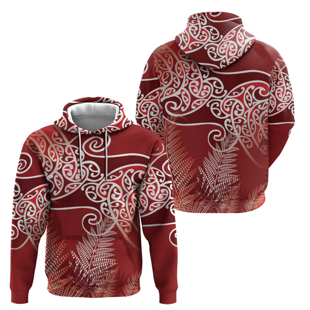 Aotearoa Maori Koru Curves Zip Hoodie Silver Ferns - Crimson Red