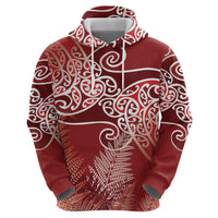 Aotearoa Maori Koru Curves Zip Hoodie Silver Ferns - Crimson Red