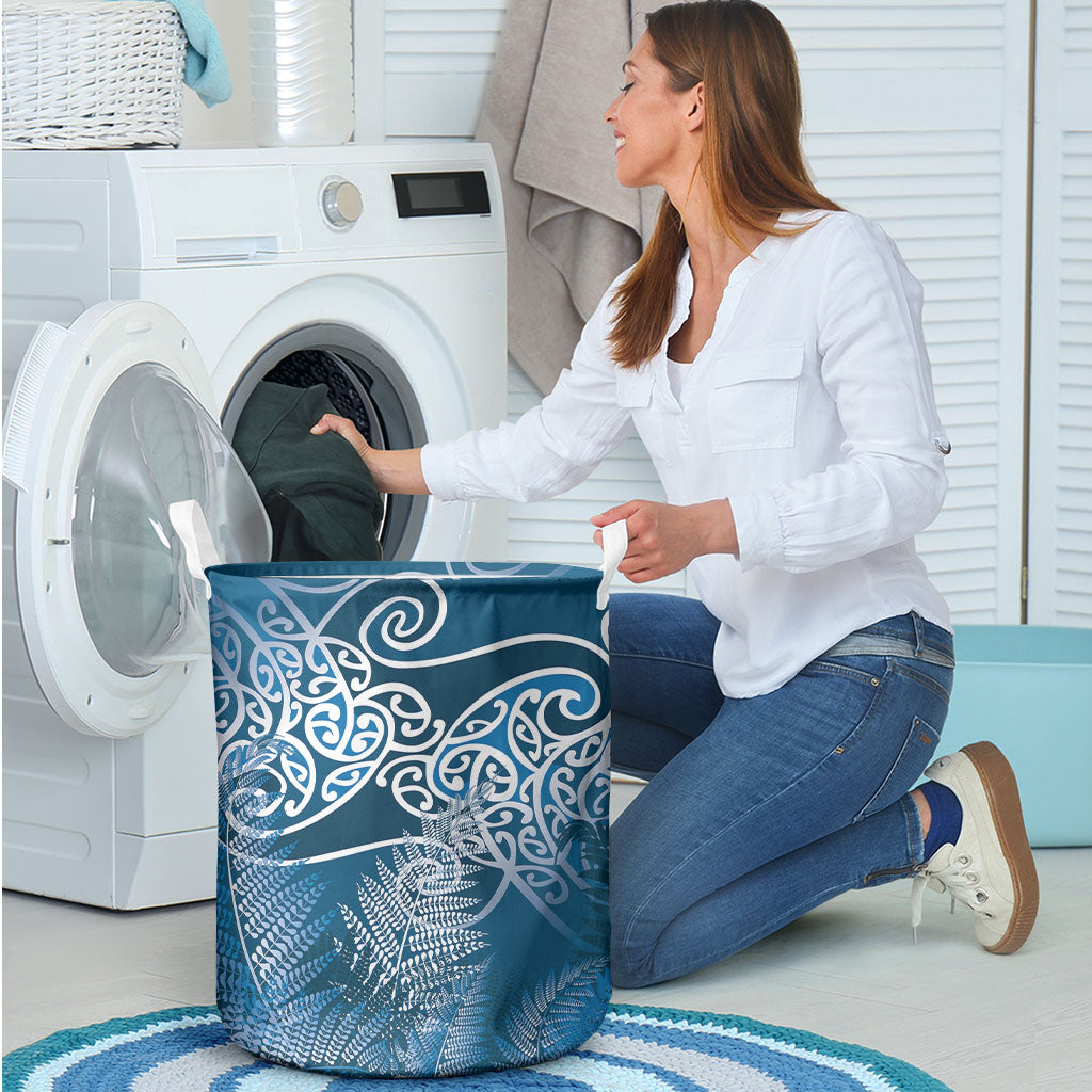 Aotearoa Maori Koru Curves Laundry Basket Silver Ferns - Navy Blue LT7 - Polynesian Pride
