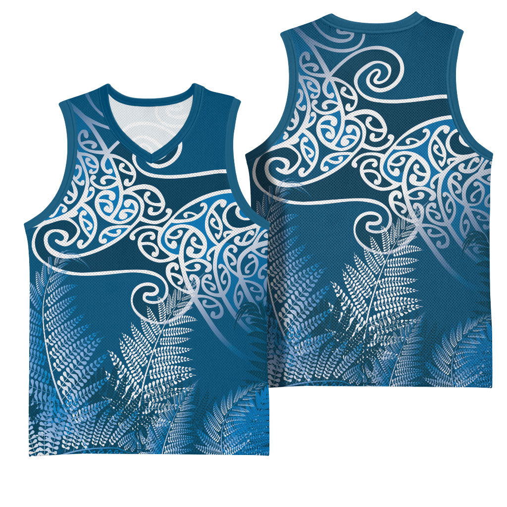 Aotearoa Maori Koru Curves Basketball Jersey Silver Ferns - Navy Blue