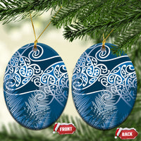 Aotearoa Maori Koru Curves Ceramic Ornament Silver Ferns - Navy Blue LT7 Oval Navy Blue - Polynesian Pride