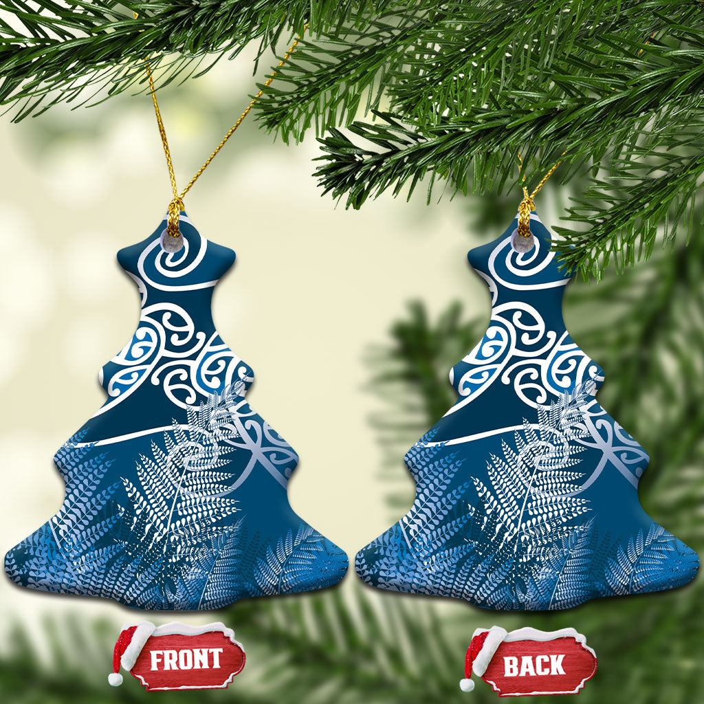 Aotearoa Maori Koru Curves Ceramic Ornament Silver Ferns - Navy Blue LT7 Christmas Tree Navy Blue - Polynesian Pride