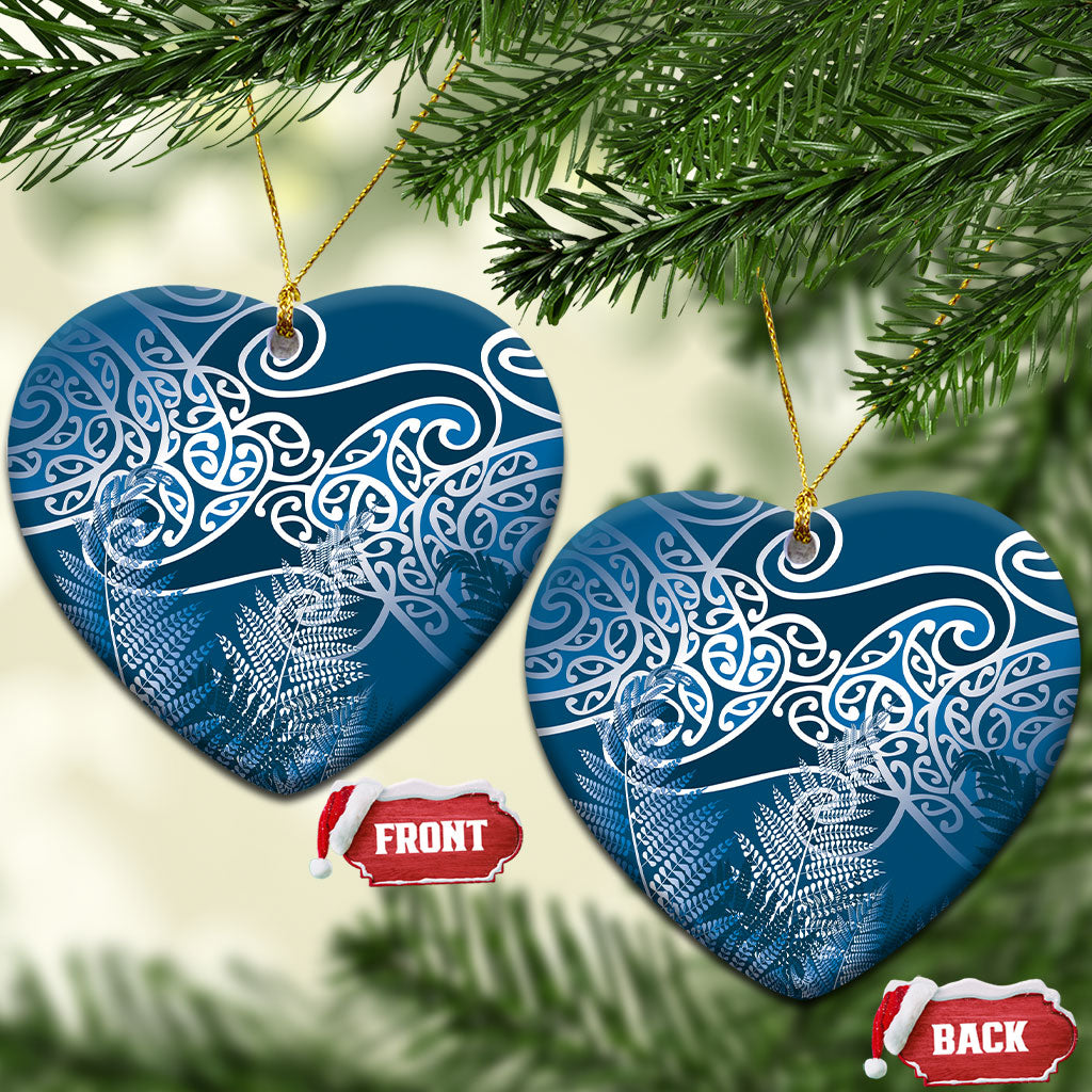 Aotearoa Maori Koru Curves Ceramic Ornament Silver Ferns - Navy Blue LT7 Heart Navy Blue - Polynesian Pride